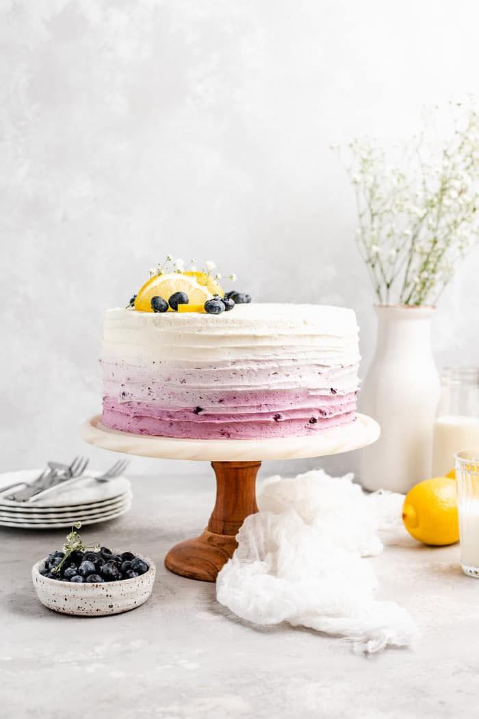 spring cake recipes blueberry lemon cake on cake stand