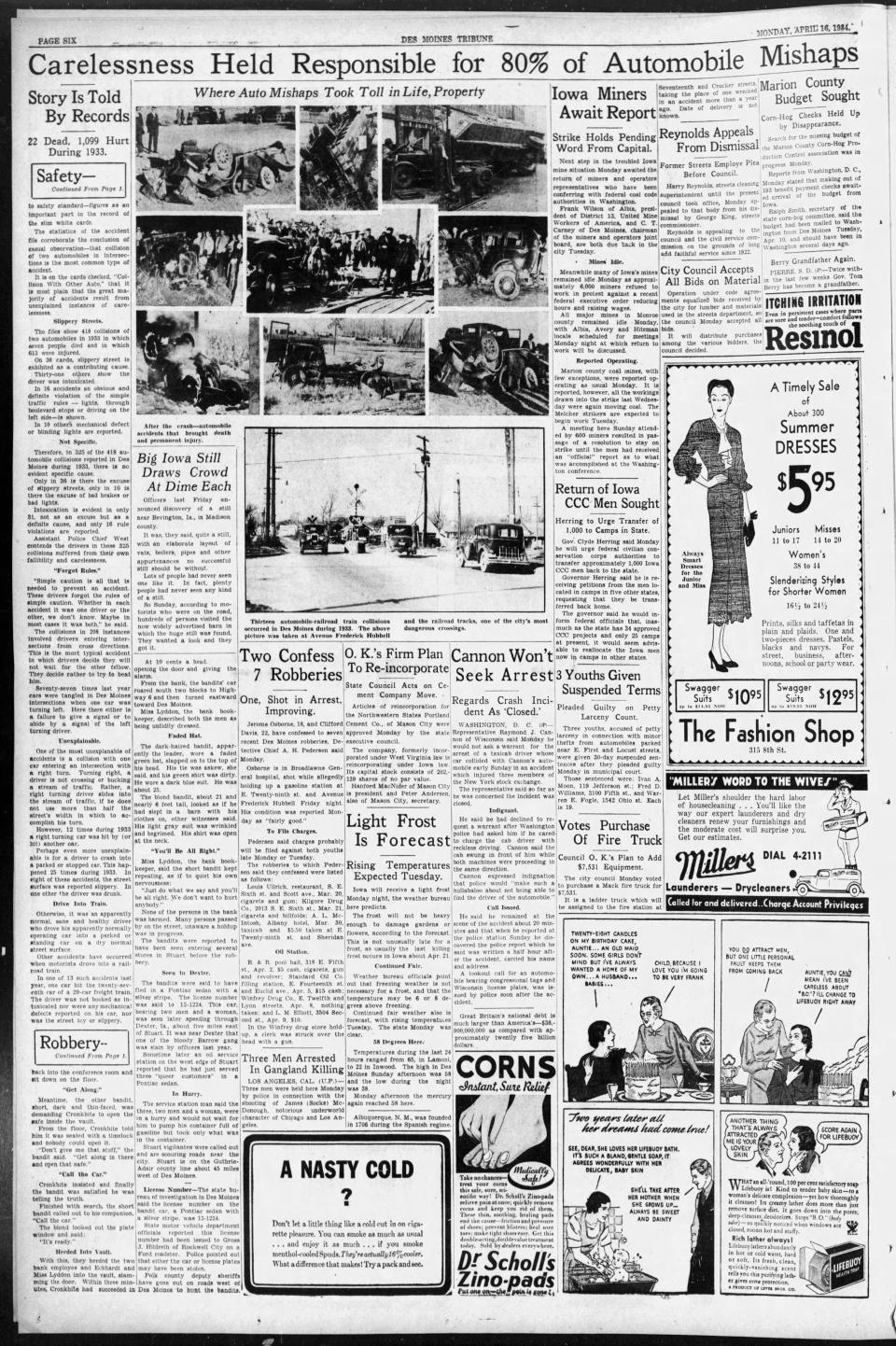Page 6 of the April 16, 1934, issue of the Des Moines Register and Tribune continues the story of the robbery of a Stuart bank by the Barrow Gang.