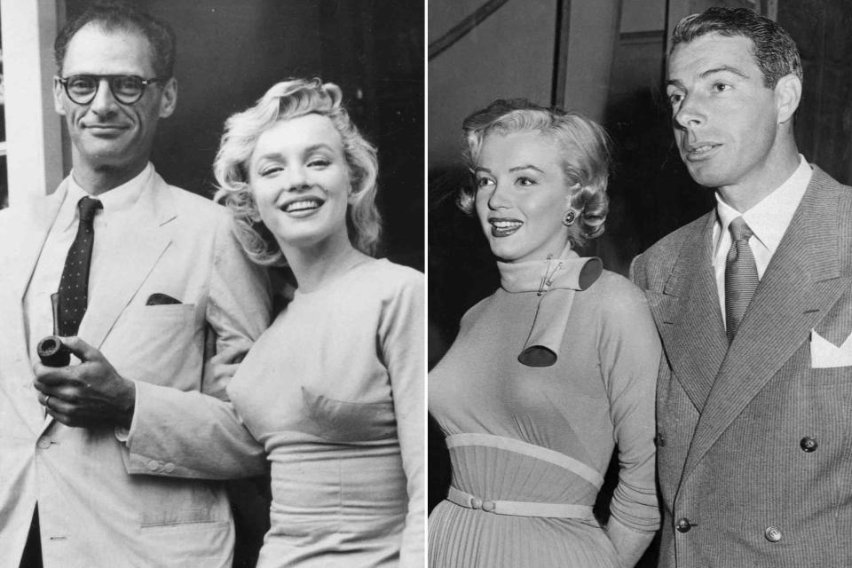 <p>Evening Standard/Getty; Bettmann</p> Marilyn Monroe and Arthur Miller on July 17, 1956; Marilyn Monroe with Joe DiMaggio.