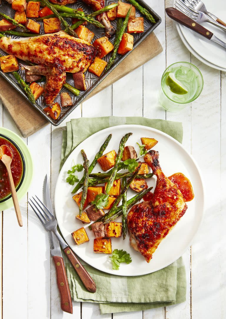 28) Sweet-and-Spicy Chicken with Roasted Sweet Potatoes and Asparagus