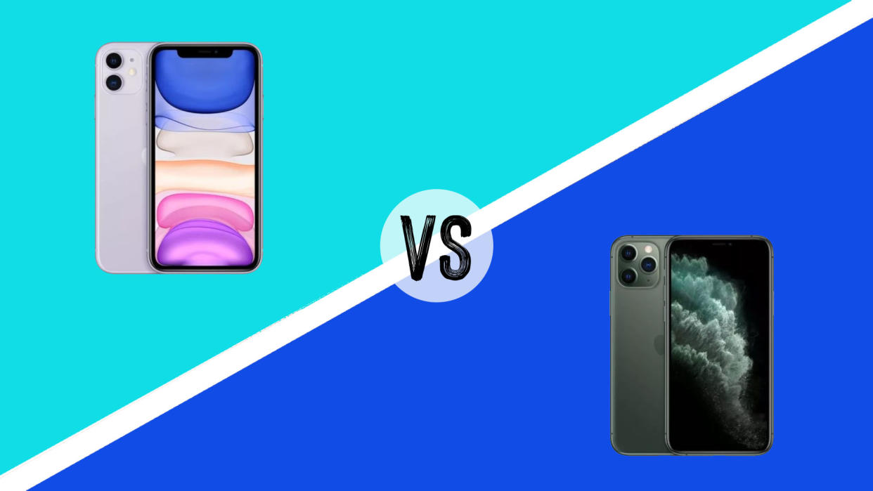  IPhone 11 vs iPhone 11 Pro: the two phones on blue backgrounds. 