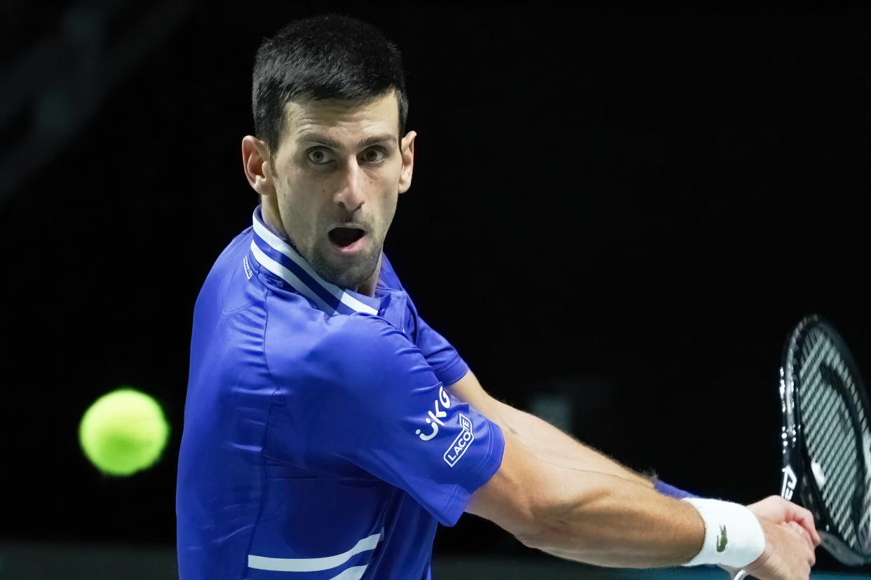 MADRID, SPAIN - 2021/12/03: Novak Djokovic of Serbia plays against Marin Cilic of Croatia during the Davis Cup Finals 2021 Semi Final match between Croatia and Serbia at Madrid Arena. 
Victory for Djokovic, Novak. (6.4) (6.2). (Photo by Atilano Garcia/SOPA Images/LightRocket via Getty Images)