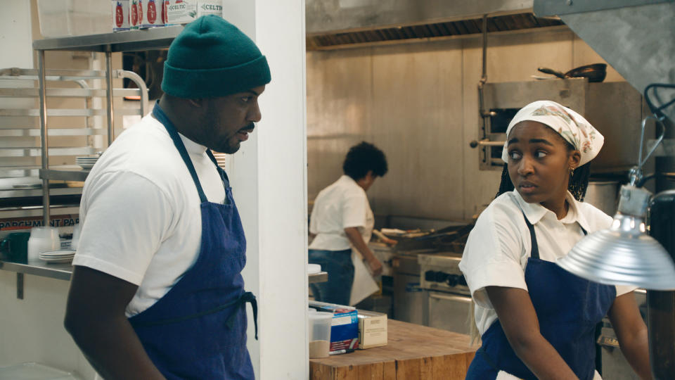 THE BEAR -- Pictured: (l-r) Lionel Boyce as Marcus, Ayo Edebiri as Sydney Adamu. CR: FX