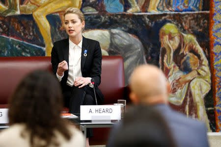 American actress Amber Heard speaks about her human rights experiences on the occasion of the 70th anniversary of the Universal Declaration of Human Rights at United Nations in Geneva, Switzerland, October 22, 2018. REUTERS/Pierre Albouy