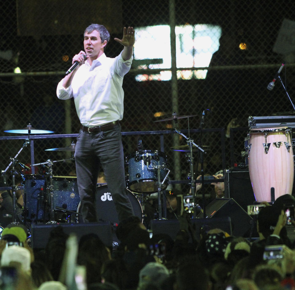 Former U.S. Rep. Beto O'Rourke speaks to a crowd inside a ball park across the street from where President Donald Trump was holding a rally inside the El Paso County Coliseum in El Paso, Texas, Monday, Feb. 11, 2019. (AP Photo/Rudy Gutierrez)