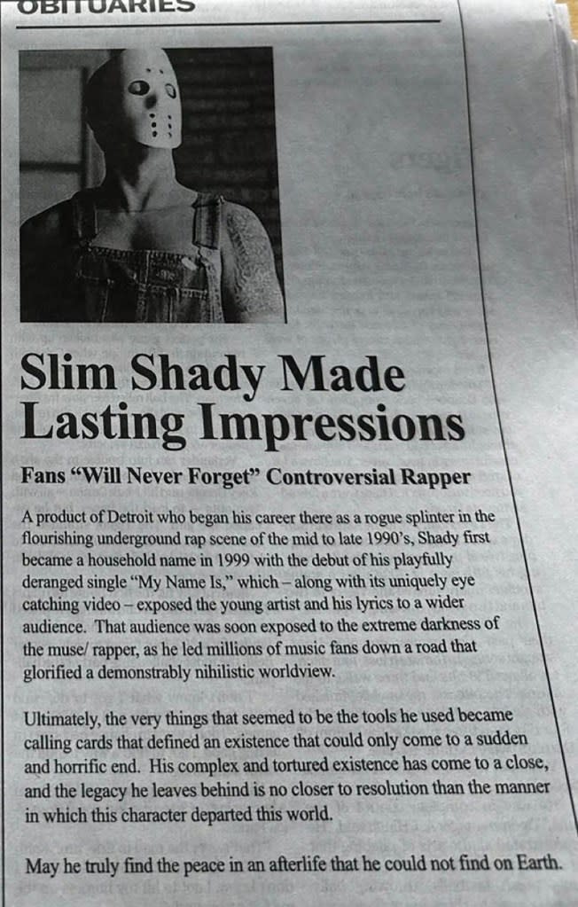 The fake obituary for Slim Shady, as published in the Detroit Free Press.