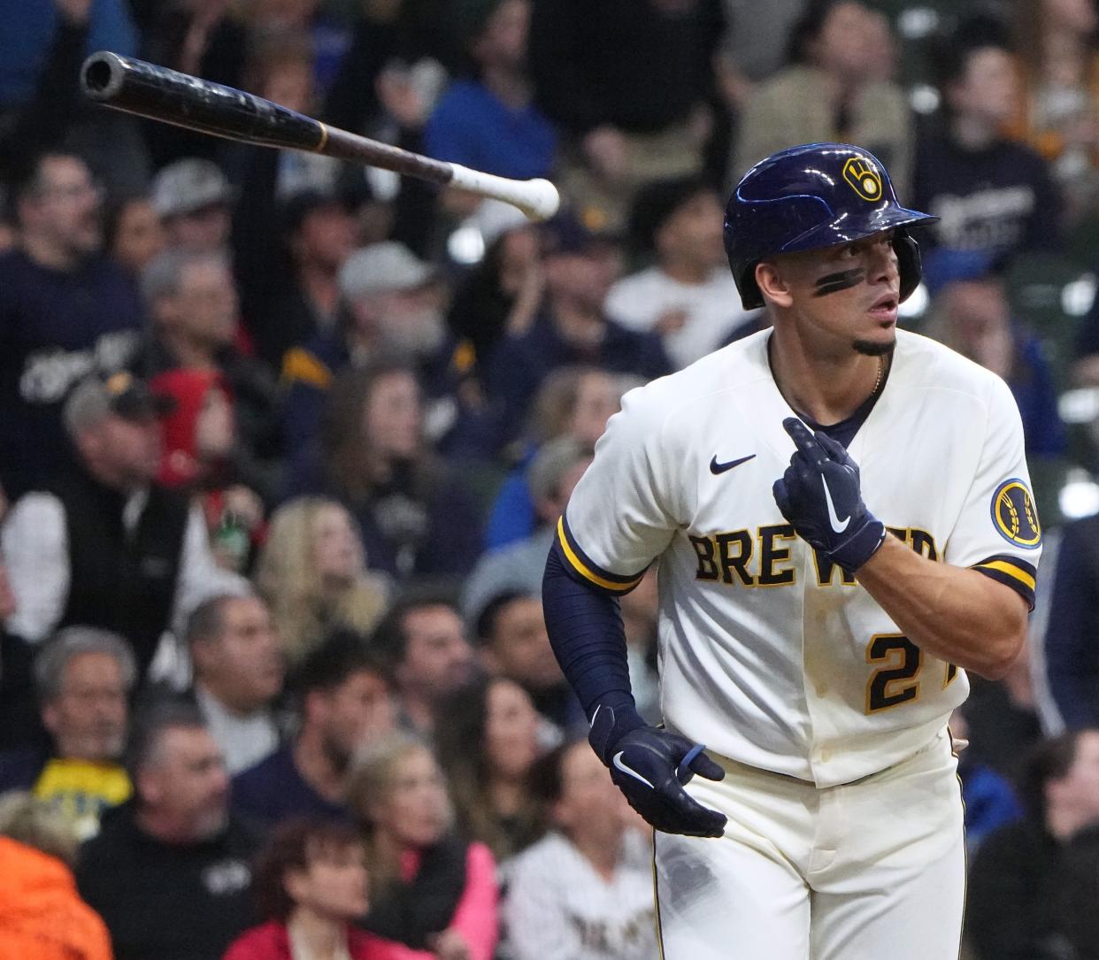 Milwaukee Brewers shortstop Willy Adames (27) hits a three-run homer during the third  inning of their game against the Cincinnati Reds Tuesday, May 3, 2022 at American Family Field in Milwaukee, Wis.