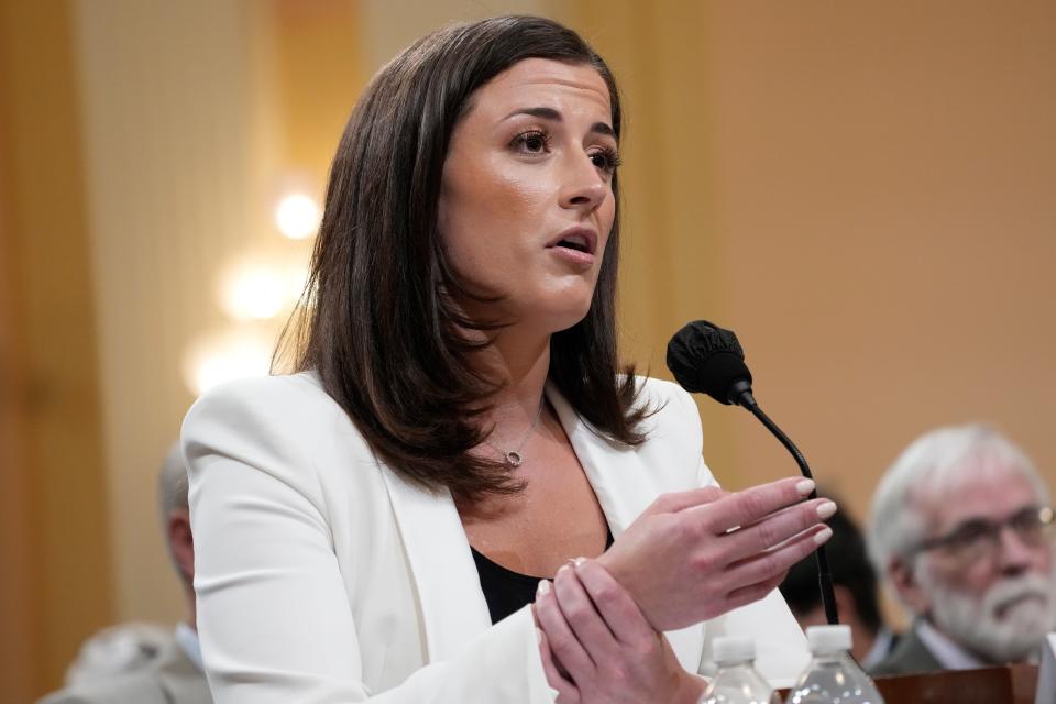 Cassidy Hutchinson, aide to former White House chief of staff Mark Meadows, testifies before the House Select Committee  investigating the attack on the U.S. Capitol, Tuesday, June 28, 2022, at the Capitol in Washington. Part of her testimony included an account of Donald Trump allegedly ordering his Secret Service to take him to the Capitol on Jan. 6, trying to grab the steering wheel of his transport vehicle and being stopped by Secret Service agent Robert Engel.