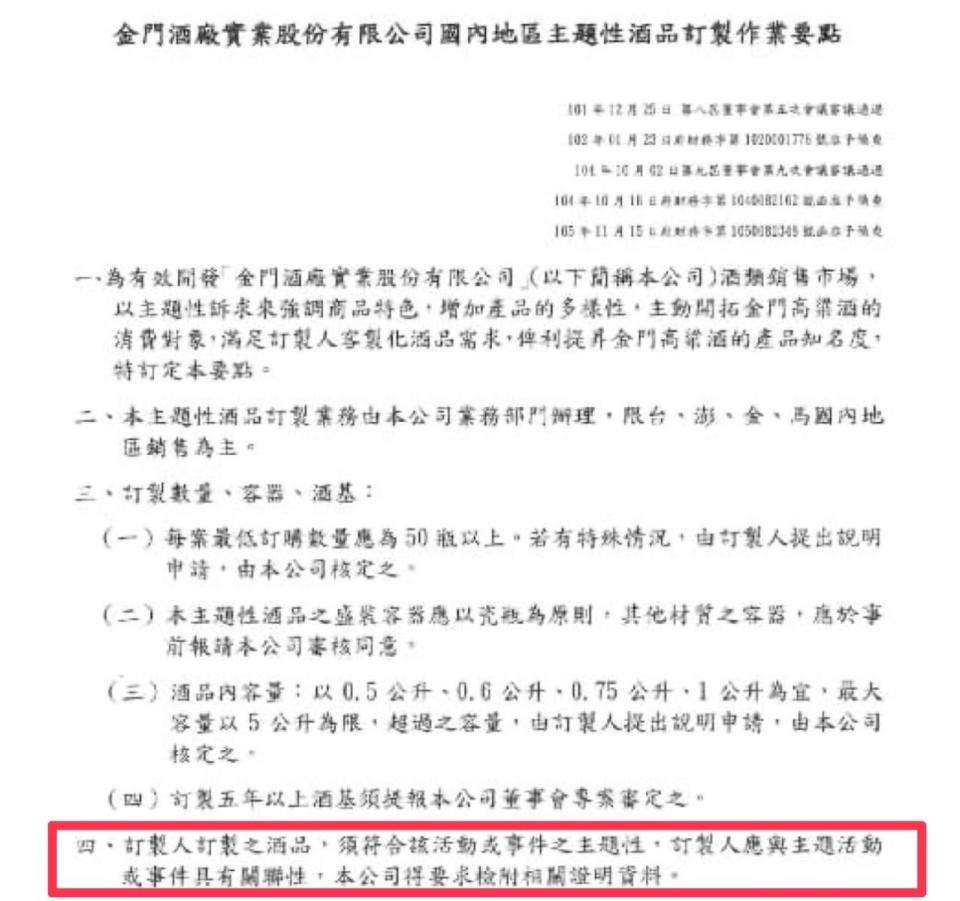 金酒公司內部有訂製主題酒的規範，言明訂製人應與主題活動或事件具關聯性。