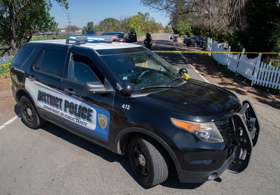 Stockton Unified School District Police cordon off a section of River Drive in Stockton after a body was found on Mar. 19, 2024, near where a 15-year-old Stagg student went missing in the Calaveras River after fleeing a fight at the school on Mar. 13.