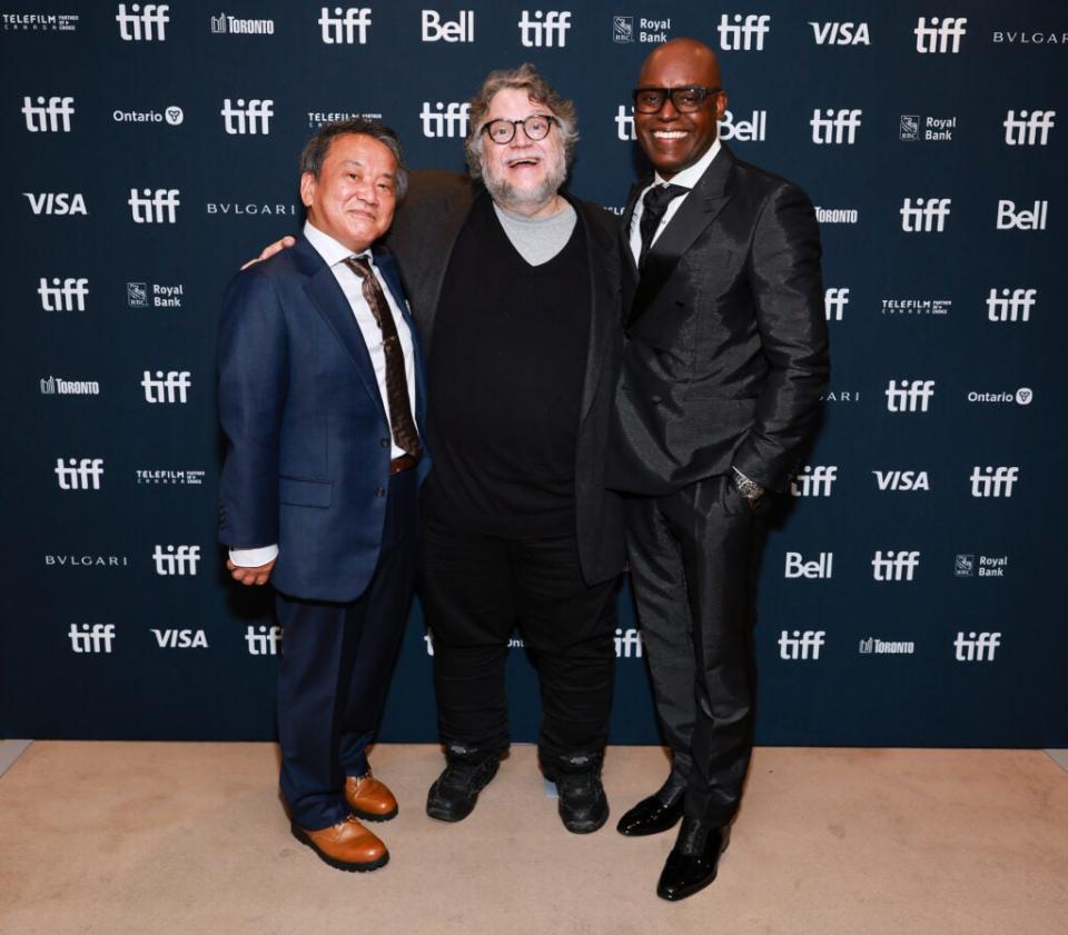 TORONTO, ONTARIO – SEPTEMBER 07: (L-R) Junichi Nishioka, VP, International, Studio Ghibli, Guillermo del Toro and Cameron Bailey, CEO, TIFF, attend “The Boy and the Heron” premiere during the 2023 Toronto International Film Festival at Roy Thomson Hall on September 07, 2023 in Toronto, Ontario. (Photo by Matt Winkelmeyer/Getty Images)