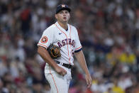 Houston Astros relief pitcher Brandon Bielak reacts after giving up a bases-loaded walk to Boston Red Sox's Adam Duvall during the third inning of a baseball game, Thursday, Aug. 24, 2023, in Houston. (AP Photo/Kevin M. Cox)