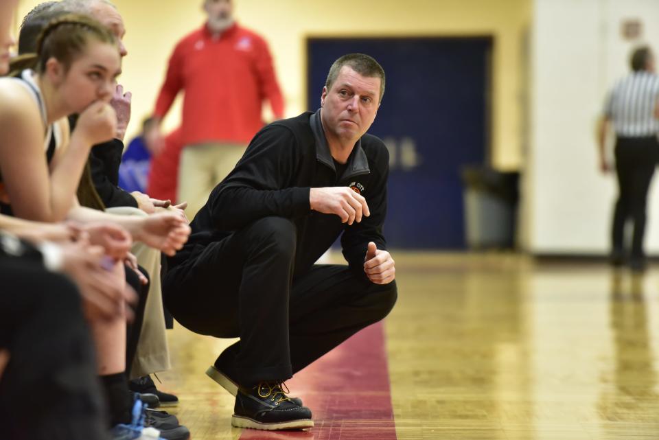 Marine City girls basketball coach Jeff Austin is seen during a game against St. Clair at St. Clair High School on Friday, Jan. 27, 2023.