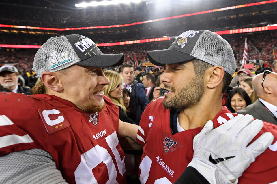 SANTA CLARA, CA - JANUARY 19: San Francisco 49ers' George Kittle (85) celebrates with San Francisco 49ers' quarterback Jimmy Garoppolo (10) after winning the NFC Championship game at Levi's Stadium in Santa Clara, Calif., on Sunday, Jan. 19, 2020. The San Francisco 49ers defeated the Green Bay Packers 37-20. (Jose Carlos Fajardo/MediaNews Group/The Mercury News via Getty Images)