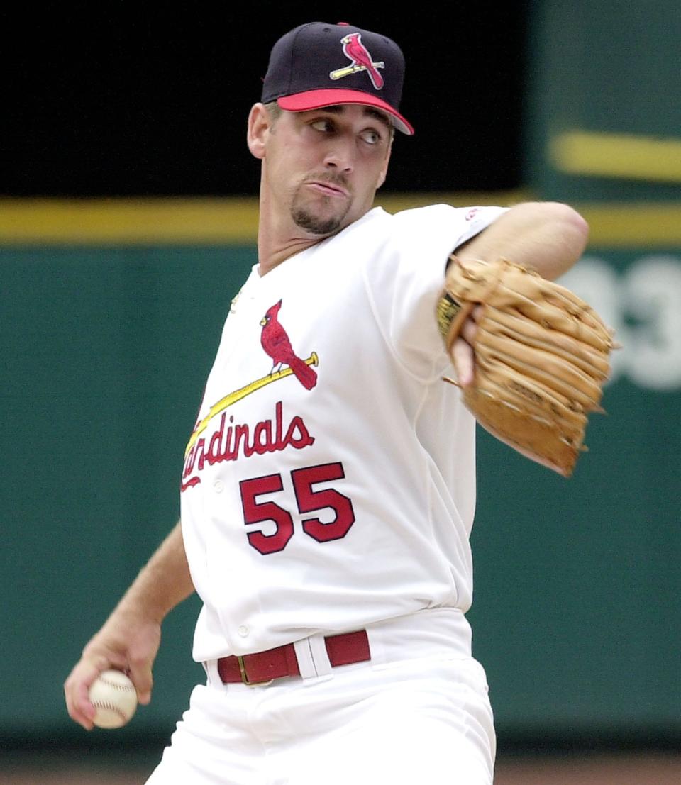 St. Louis Cardinals pitcher Garrett Stephenson throws in St. Louis during the 2002 season.