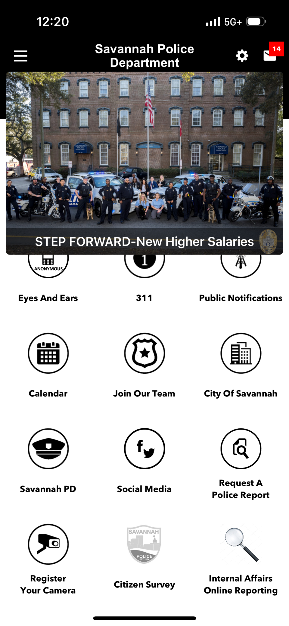 In the bottom-right corner of the Savannah Police app reads a widget, “Internal Affairs Online Reporting.”
