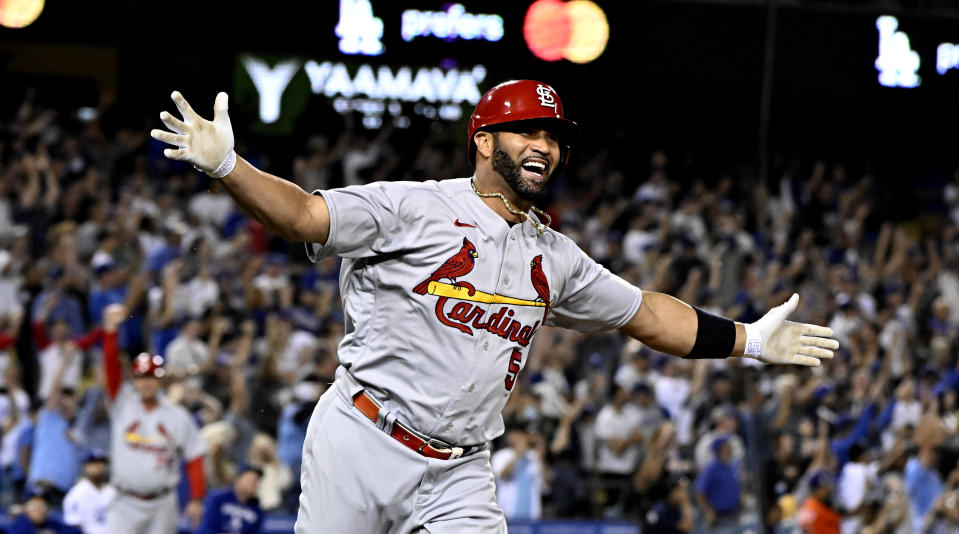 Los Angeles, CA - September 23:  Albert Pujols #5 of the St. Louis Cardinals reacts after hitting his second home run of the night and his 700th of his career off relief pitcher Phil Bickford (not pictured) of the Los Angeles Dodgers in the fourth inning of a MLB baseball game at Dodger Stadium in Los Angeles on Friday, September 23, 2022. (Photo by Keith Birmingham/MediaNews Group/Pasadena Star-News via Getty Images)