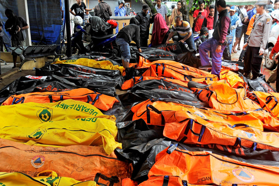 Bodies of tsunami victims are collected at a local health facility after a tsunami hit Carita in Pandeglang, Banten province, Indonesia, Dec. 23, 2018. (Photo: Antara Foto/Asep Fathulrahman via Reuters)