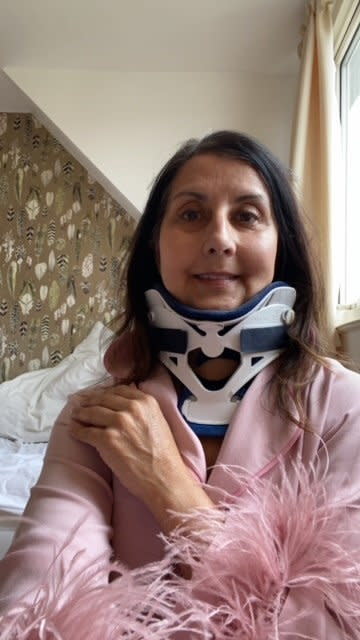 Shoebridge wearing a neck brace. (Myeloma UK/SWNS)