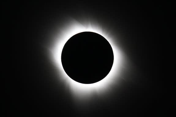 This view of the sun’s extremely hot outer atmosphere, called the corona, was captured by Edwin Aguirre and Imelda Joson from the South Pacific during the total solar eclipse on July 11, 2010. Note the moon’s pitch-black silhouette and the coro