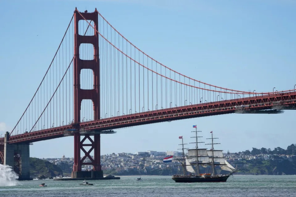 The Dutch tall ship Stad Amsterdam sails under the Golden Gate Bridge. AP