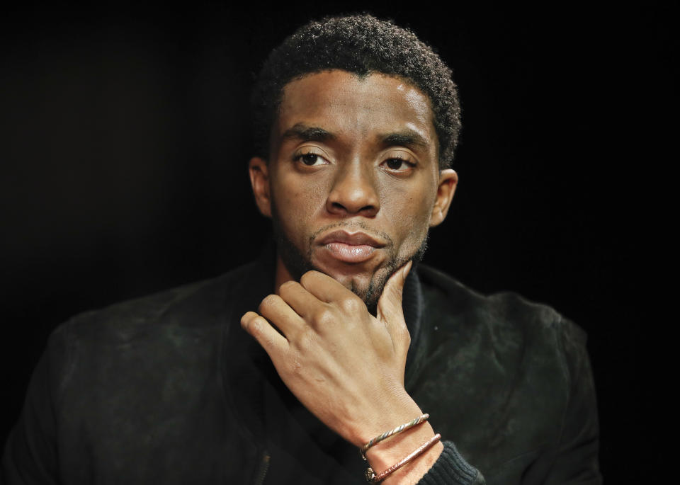 FILE - In this Sept. 21, 2017, file photo, actor Chadwick Boseman appears at an interview for the film "Marshall," in Washington. The acclaimed actor is being posthumously honored as the namesake of Howard’s newly re-established Chadwick A. Boseman College of Fine Arts. Boseman, who graduated in 2000 with a BFA in directing, died in August 2020 at age 43 of colon cancer, after an illness that was largely kept secret. He rose to prominence playing a succession of Black icons in biographical films: Jackie Robinson, singer James Brown and Thurgood Marshall. (AP Photo/Pablo Martinez Monsivais, File)