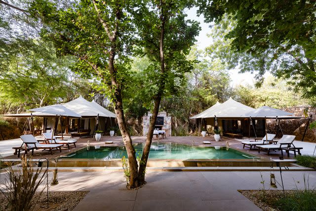 <p>Aparna Jayakumar</p> Suján Sher Bagh's family suite, with two tents arranged around a private pool.