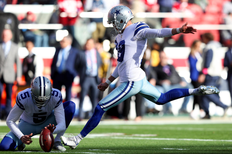 Brett Maher of the Dallas Cowboys was under intense scrutiny after his rough game against Tampa Bay. (Photo by Lachlan Cunningham/Getty Images)