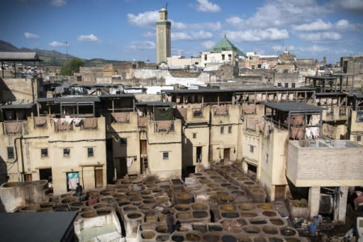 A view of the tannery in the 9th century walled medina in the ancient Moroccan city of Fez