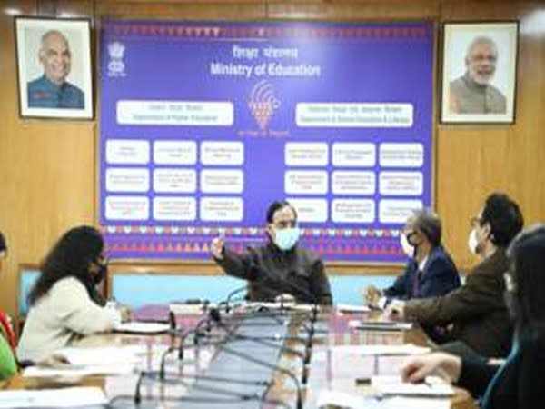 Union Minister of Education Ramesh Pokhriyal 'Nishank' at the meeting on Thursday. 