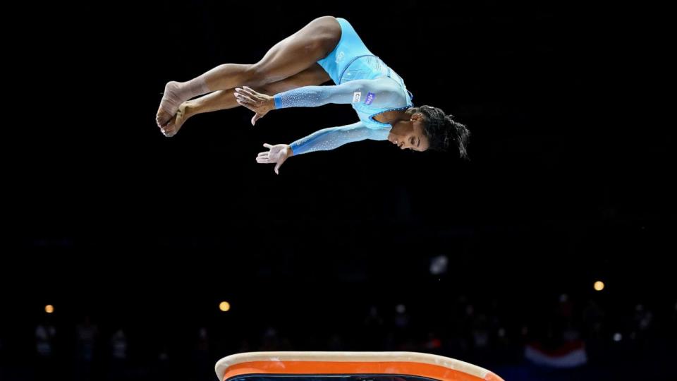 PHOTO: Simone Biles performs her new vault, the 'Biles II,' during Women's Qualifications on Day Two of the FIG Artistic Gymnastics World Championships, Oct. 1, 2023 in Antwerp, Belgium. (Matthias Hangst/Getty Images)