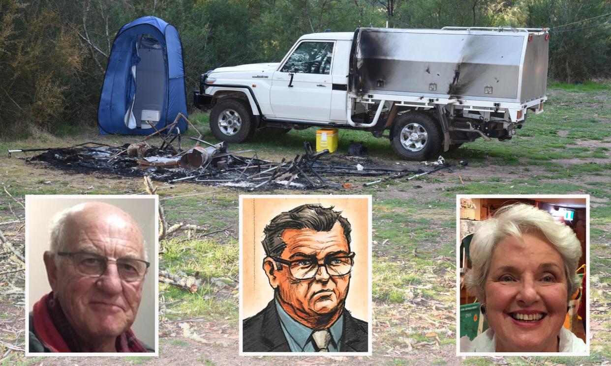 <span>Greg Lynn, centre, pleaded not guilty to the murders of Russell Hill and Carol Clay at a campsite, which a trial heard was later found burned out, in Victoria’s Wonnangatta Valley.</span><span>Composite: AAP/Victoria police/Victoria supreme court</span>