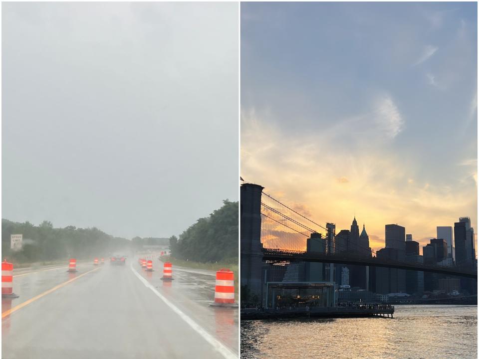 Split image of the rain during Gabi's move to Philadelphia and the NYC skyline during Pauline's move.