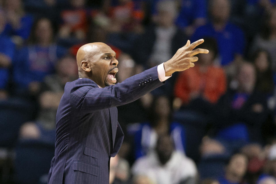 Vanderbilt head coach Jerry Stackhouse calls out to his players during the first half of an NCAA college basketball game against Florida, Saturday, Feb. 24, 2024, in Gainesville, Fla. (AP Photo/Alan Youngblood)