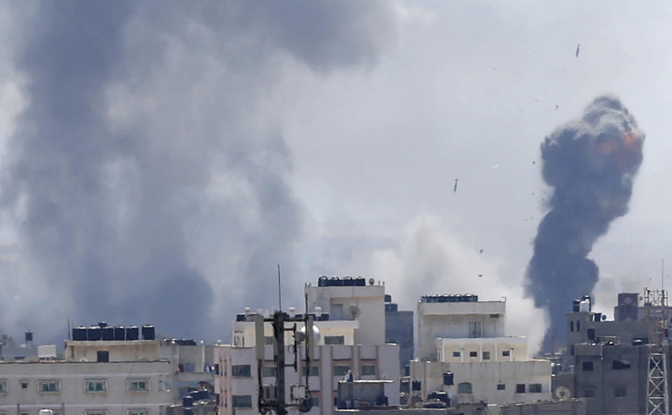 Israeli airstrikes hit Gaza City, Saturday, May 4, 2019. Palestinian militants in the Gaza Strip fired at least 90 rockets into southern Israel on Saturday, according to the Israeli military, triggering retaliatory airstrikes and tank fire against militant targets in the blockaded enclave and shattering a month-long lull in violence. (AP Photo/Hatem Moussa)