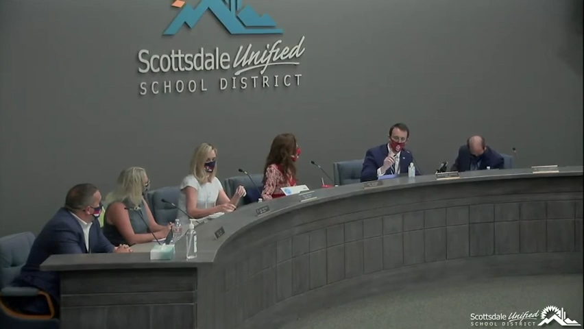 The Scottsdale Unified School District governing board during a meeting on May 18, 2021.