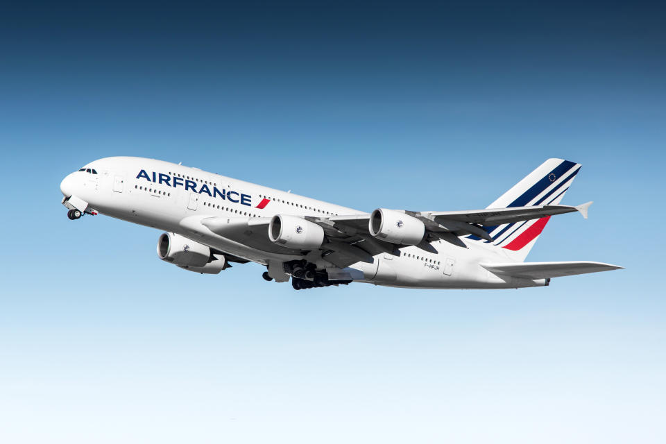 San Francisco, California, USA - April 13, 2015: Air France Airbus A380 departing San Francisco International Airport.