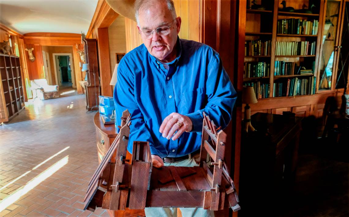 Ernie Wiggers explains the ACE Basin-style tidal rice field trunk on Jan. 26, 2022, at Nemours Wildlife Foundation in Yemassee, S.C., where he recently retired as CEO and President. The trunk was used to control the flow of freshwater in and out of rice fields using the tides.