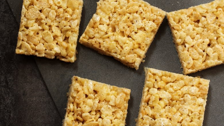 Rice Krispies treats on slate board