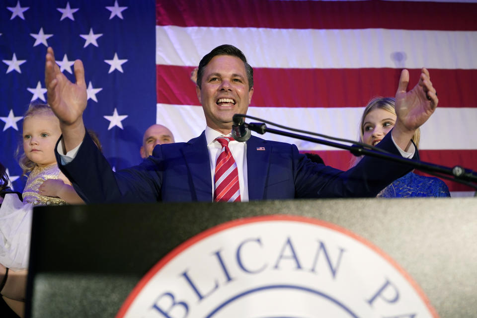 Iowa Republican U.S. Congressional candidate Zach Nunn speaks to supporters during a Republican Party of Iowa election night rally, Tuesday, Nov. 8, 2022, in Des Moines, Iowa. (AP Photo/Charlie Neibergall)