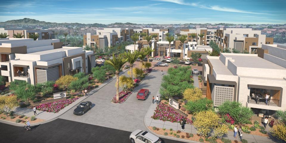 An artist's rendering shows the planned Town Chandler luxury apartment complex, which is under construction near Frye and Ellis roads.