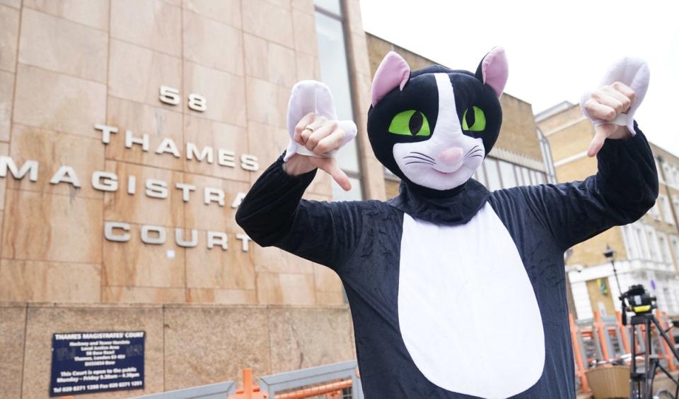 A person dressed as a cat outside Thames Magistrates' Court on Wednesday (PA)