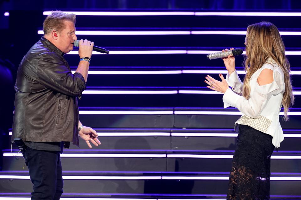 Carly Pearce performs with Gary Levox at the Ryman Auditorium in Nashville, Tenn., Wednesday, Oct. 26, 2022.