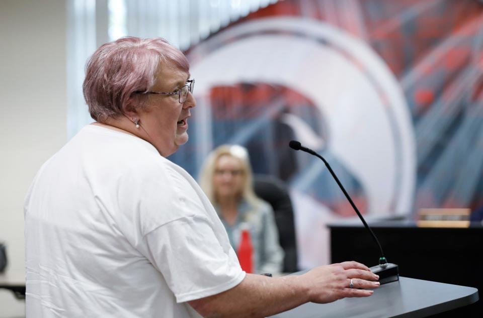 Elizabeth Dudash-Buskirk, a member of the U Turn in Education group, which is against censorship, spoke at the May meeting of the Nixa school board.