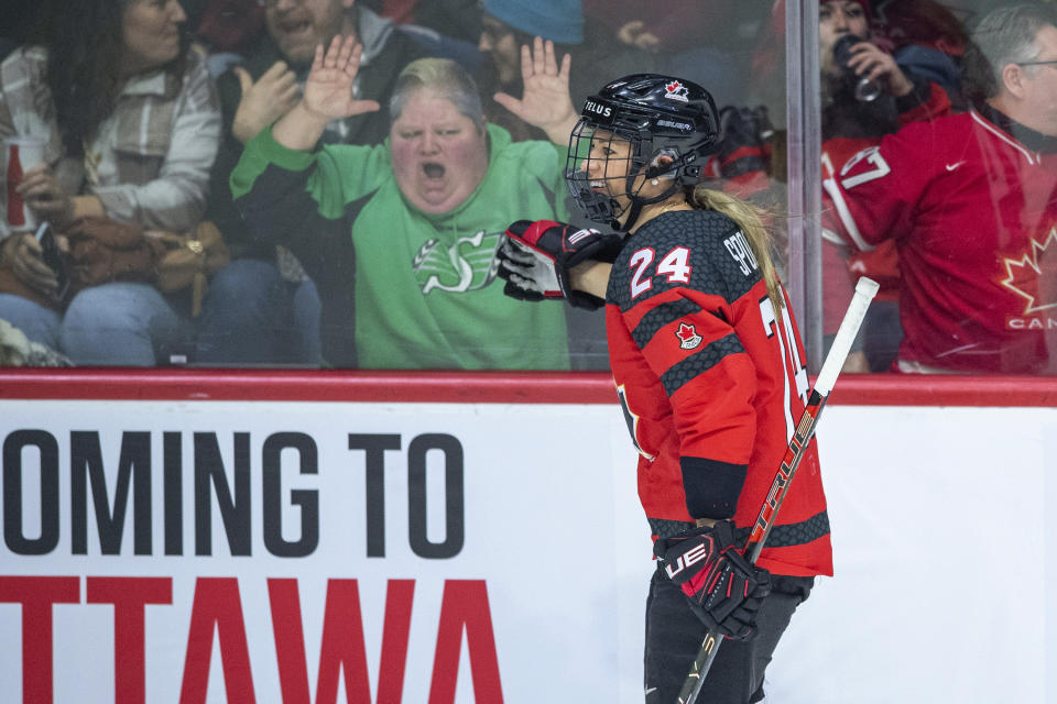 Canada's Natalie Spooner (24) celebrates a goal against the United States during the third period of a Rivalry Series hockey game Friday, Feb. 9, 2024, in Regina, Saskatchewan. (Liam Richards/The Canadian Press via AP)