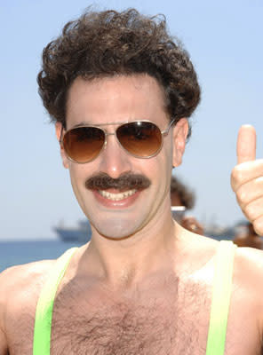 Borat ( Sacha Baron Cohen ) hits the beach at the Cannes Film Festival