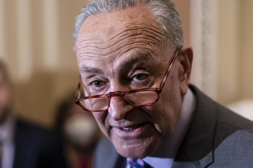Senate Majority Leader Chuck Schumer, D-N.Y., speaks to reporters ahead of a procedural vote on Wednesday to essentially codify Roe v. Wade, at the Capitol in Washington, Tuesday, May 10, 2022. (AP Photo/J. Scott Applewhite)