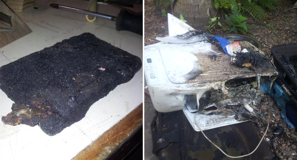 Pictured is Mr Happ's burnt laptop and printer. 