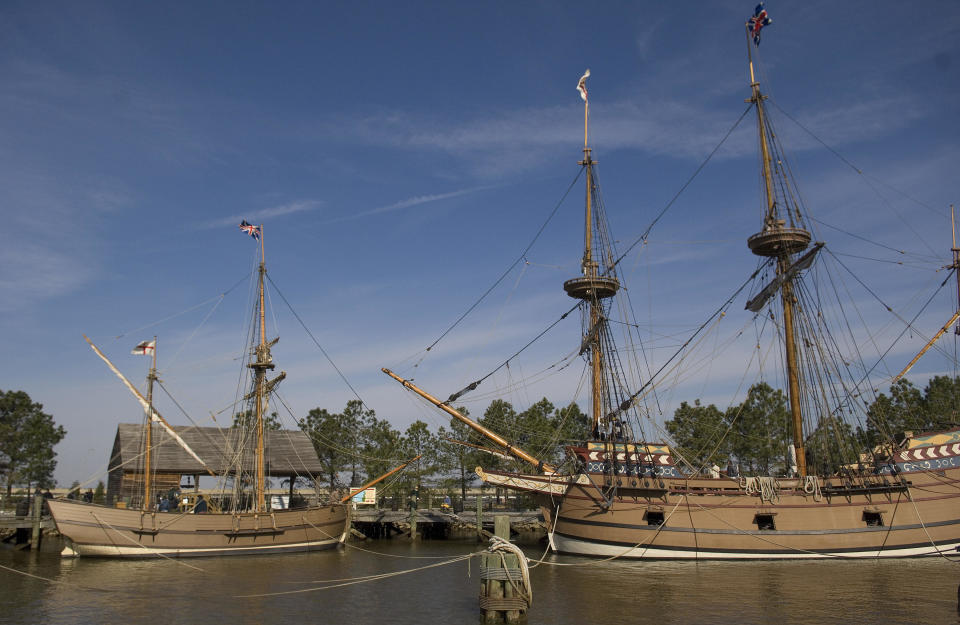 Jamestown, the birth of a nation 400 years ago.  The ships Discovery, (L), and the Susan Constant, (R), are moored to a pier at Jamestown settlement in Jamestown, Virginia on April 6, 2007. (MANNIE GARCIA/AFP/Getty Images)