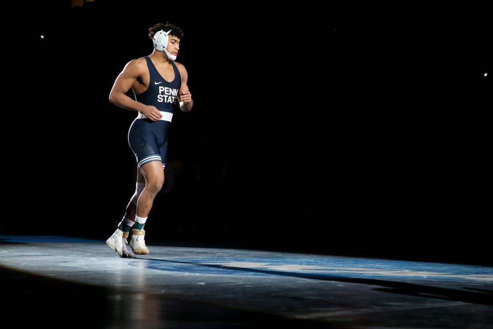 Penn State's Carter Starocci warms up before his match during the championship round of the NCAA Wrestling Championships 2023 at the BOK Center in Tulsa, Okla. on Saturday, March 18, 2023.